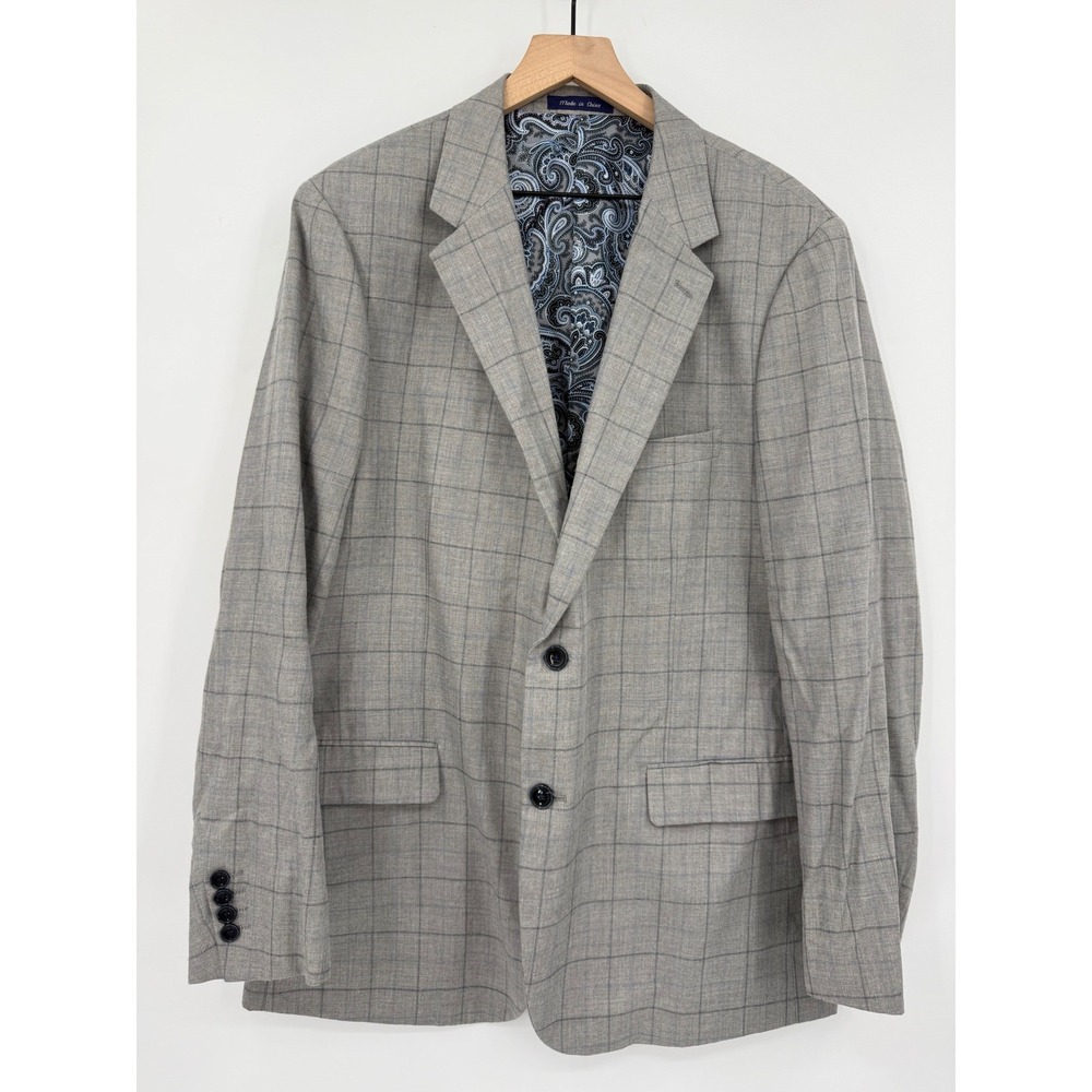 Alan‎ Flusser Blazer Mens 44R Gray Plaid Two Button Paisley Lining Sport Coat